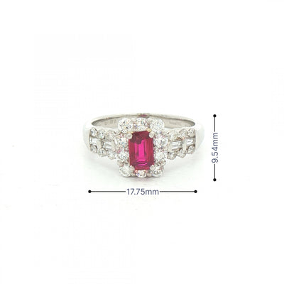 0.54ct Emerald Cut Ruby & 0.81ct Natural Diamond Cluster with Princess Cut Shoulders in Platinum