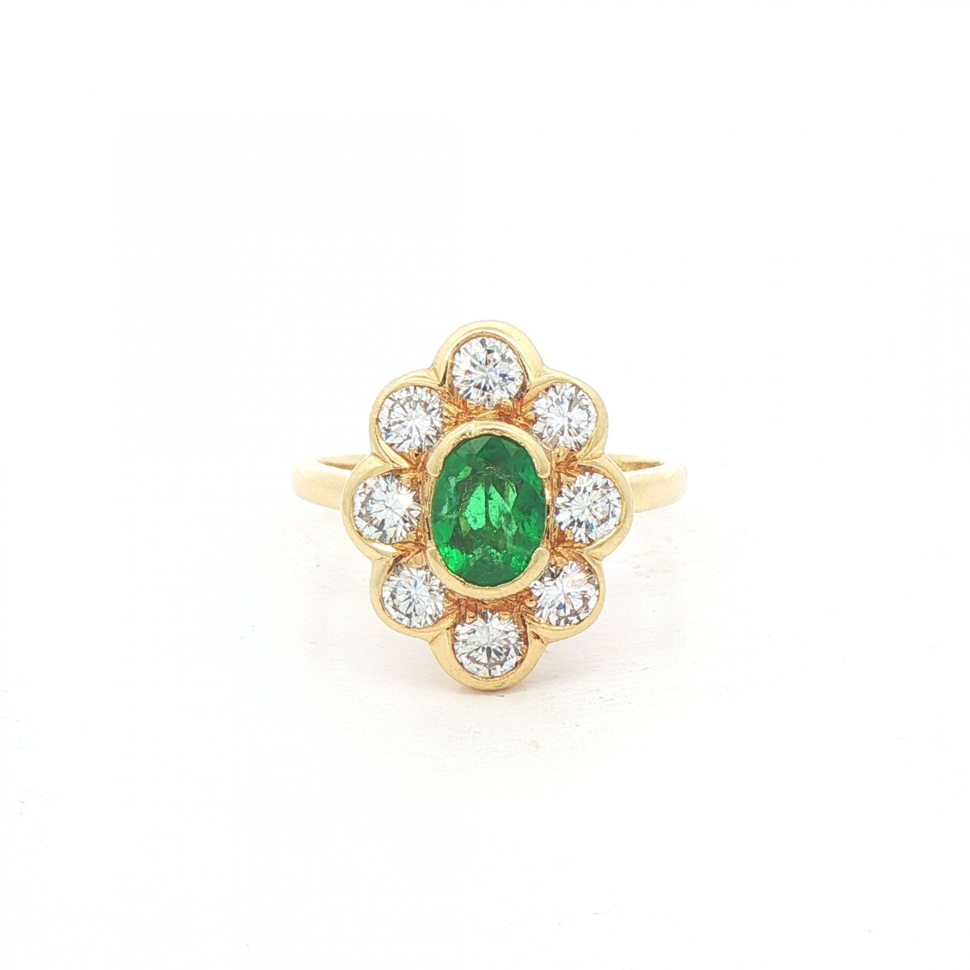 0.54ct Oval Emerald & 0.96ct Natural Diamond Cluster Ring in 18ct Yellow Gold
