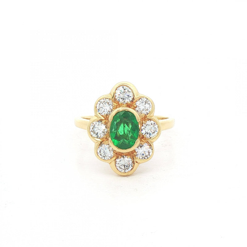 0.54ct Oval Emerald & 0.96ct Natural Diamond Cluster Ring in 18ct Yellow Gold