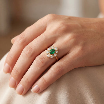 0.54ct Oval Emerald & 0.96ct Natural Diamond Cluster Ring in 18ct Yellow Gold