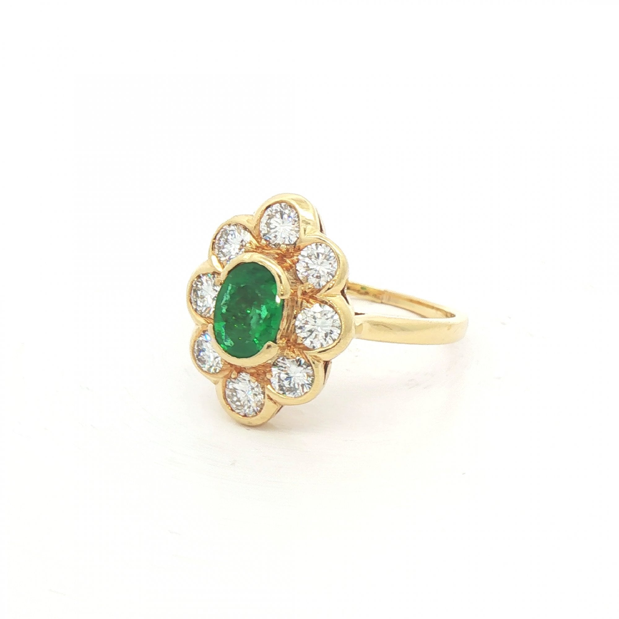 0.54ct Oval Emerald & 0.96ct Natural Diamond Cluster Ring in 18ct Yellow Gold