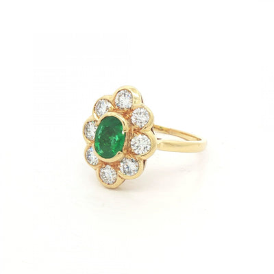 0.54ct Oval Emerald & 0.96ct Natural Diamond Cluster Ring in 18ct Yellow Gold