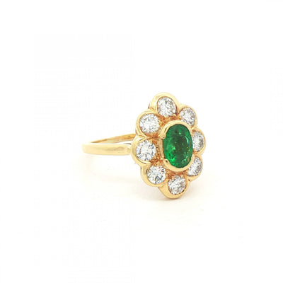 0.54ct Oval Emerald & 0.96ct Natural Diamond Cluster Ring in 18ct Yellow Gold