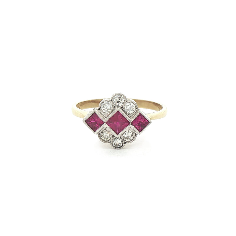 0.54ct Square French-Cut Ruby & 0.26ct Natural Diamond Cluster Ring in 18ct Yellow Gold
