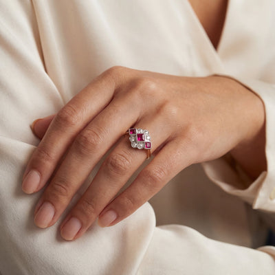 0.54ct Square French-Cut Ruby & 0.26ct Natural Diamond Cluster Ring in 18ct Yellow Gold