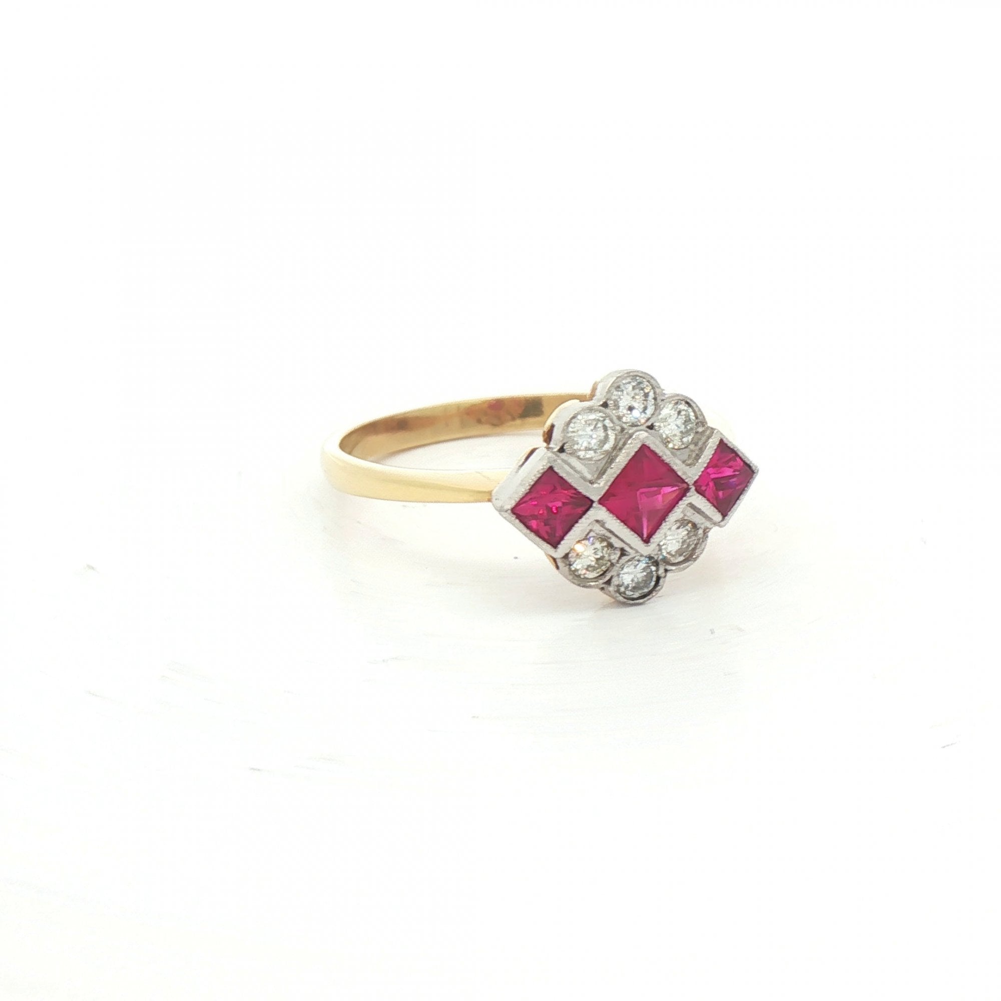 0.54ct Square French-Cut Ruby & 0.26ct Natural Diamond Cluster Ring in 18ct Yellow Gold