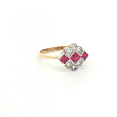 0.54ct Square French-Cut Ruby & 0.26ct Natural Diamond Cluster Ring in 18ct Yellow Gold