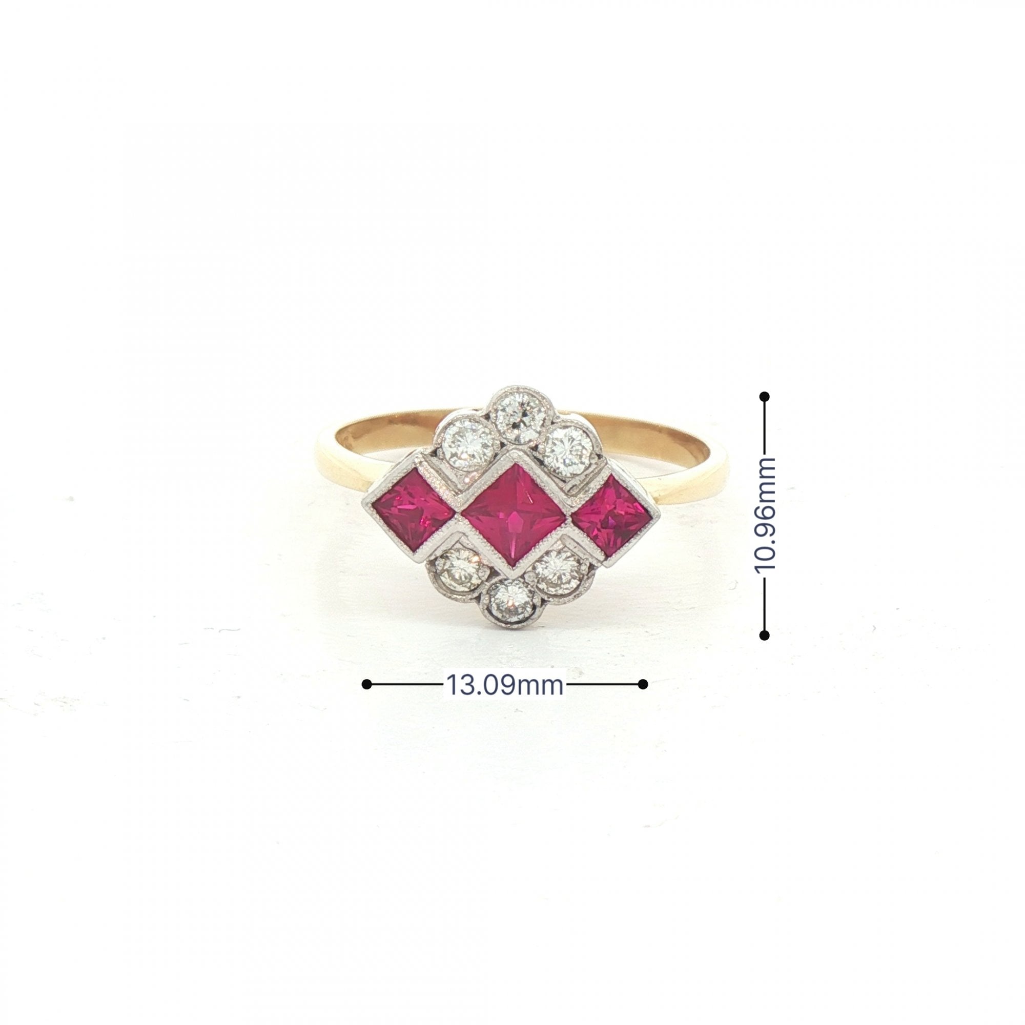 0.54ct Square French-Cut Ruby & 0.26ct Natural Diamond Cluster Ring in 18ct Yellow Gold