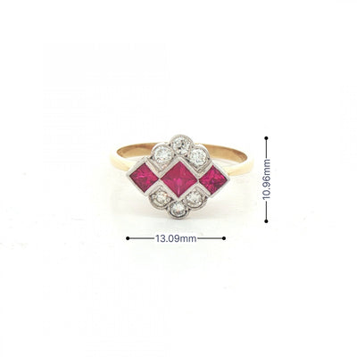 0.54ct Square French-Cut Ruby & 0.26ct Natural Diamond Cluster Ring in 18ct Yellow Gold