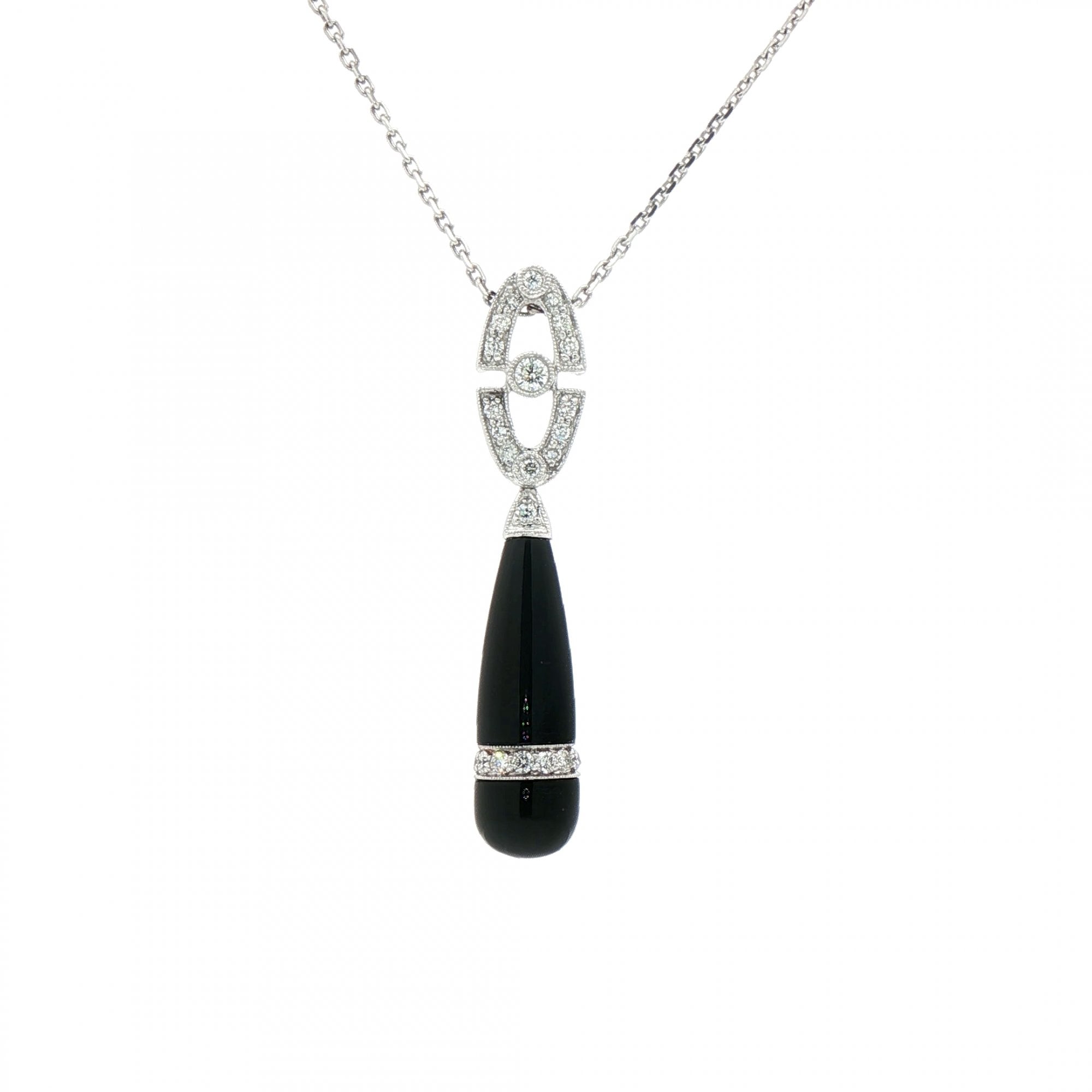 0.56ct Natural Diamond & 8.9ct Black Onyx Drop Pendant in 18ct White Gold