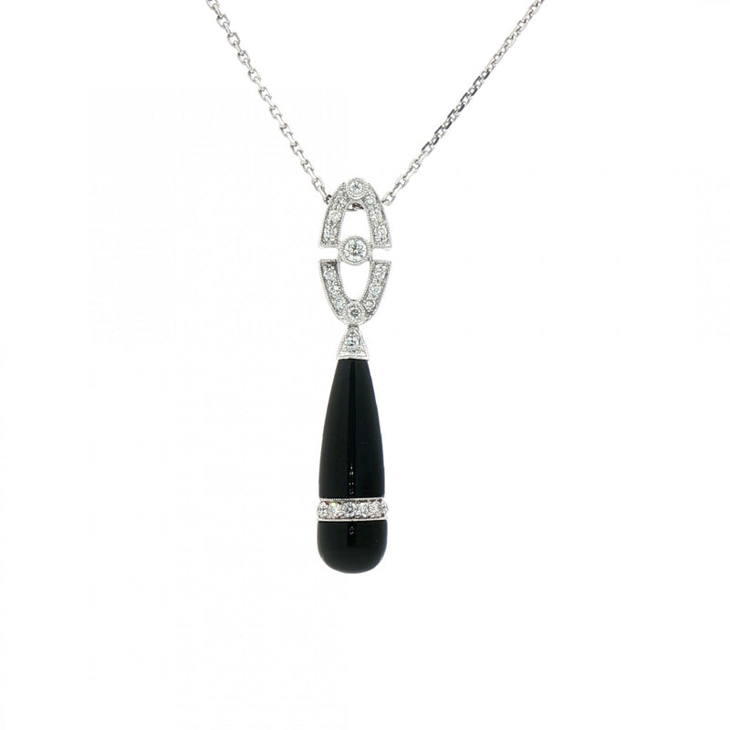 0.56ct Natural Diamond & 8.9ct Black Onyx Drop Pendant in 18ct White Gold