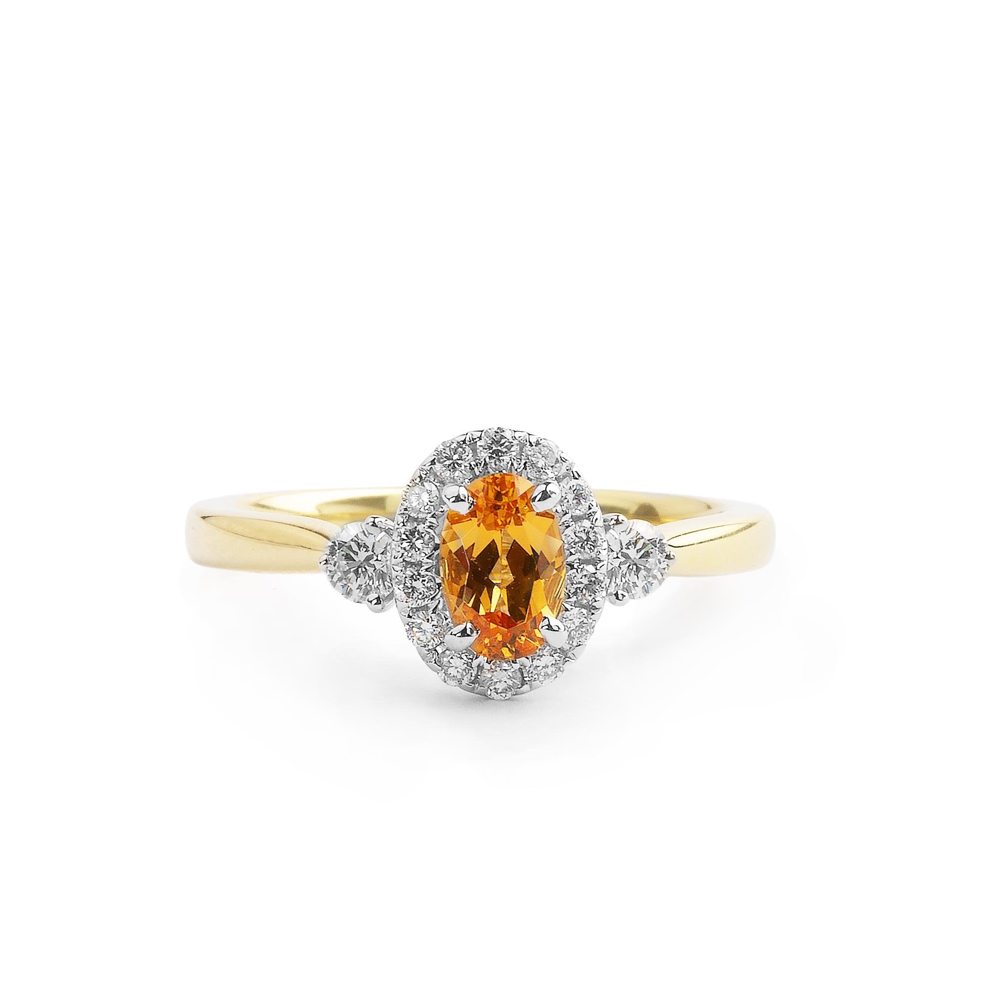 0.58ct Oval Mandarine Garnet & 0.26ct Natural Diamond Halo With Side Diamonds In 18ct Yellow Gold