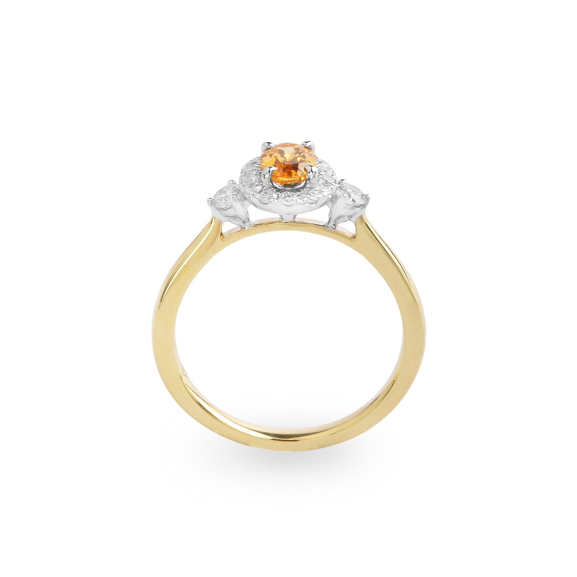 0.58ct Oval Mandarine Garnet & 0.26ct Natural Diamond Halo With Side Diamonds In 18ct Yellow Gold