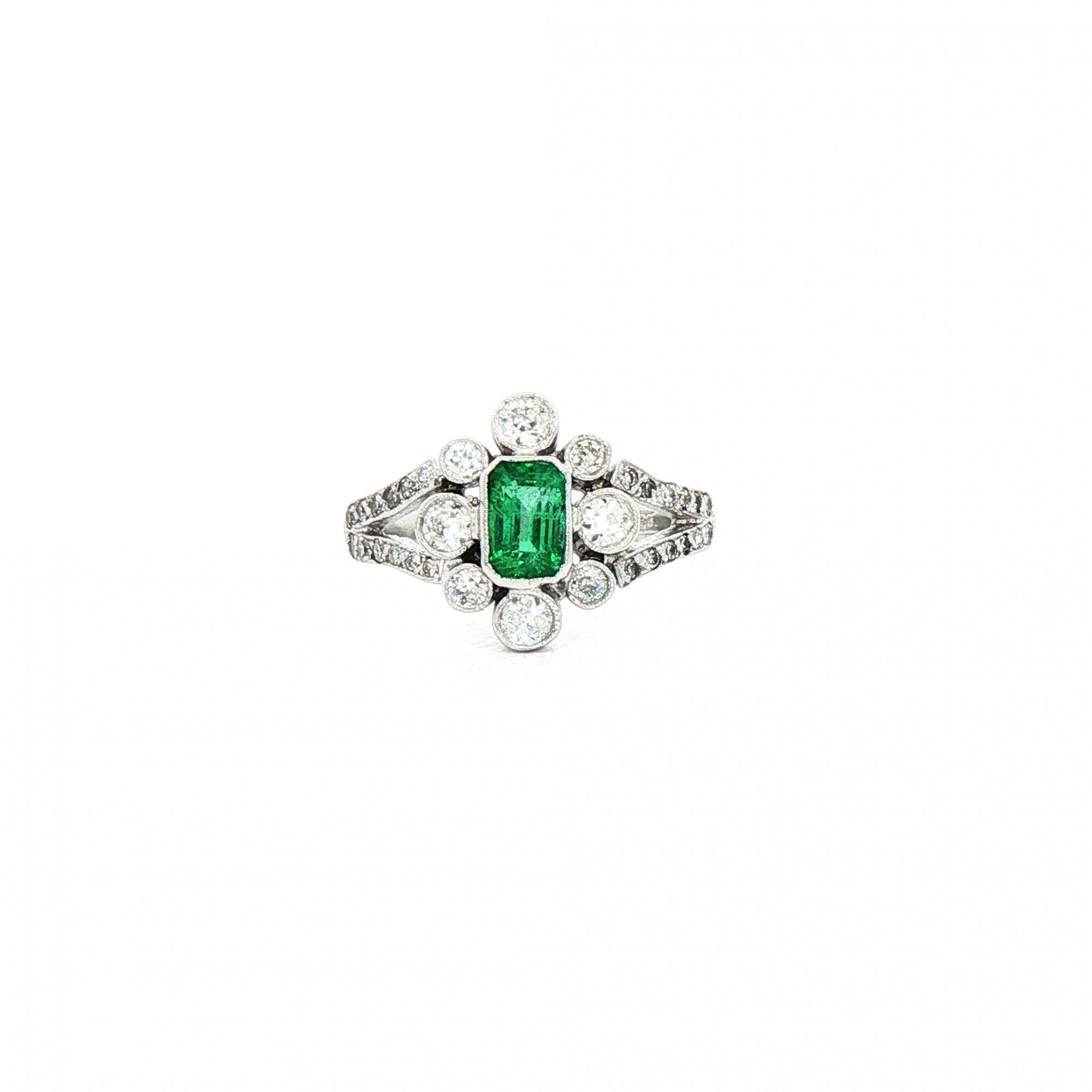 0.60ct Emerald & 0.70ct Natural Diamond Cluster Cocktail Ring in 18ct White Gold