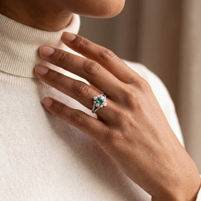 0.60ct Emerald & 0.70ct Natural Diamond Cluster Cocktail Ring in 18ct White Gold