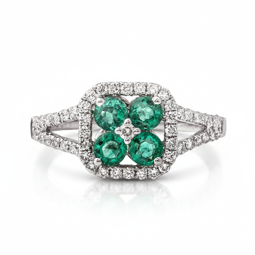 0.60ct Emerald and 0.45ct Diamond Dress Ring with Split Diamond Band