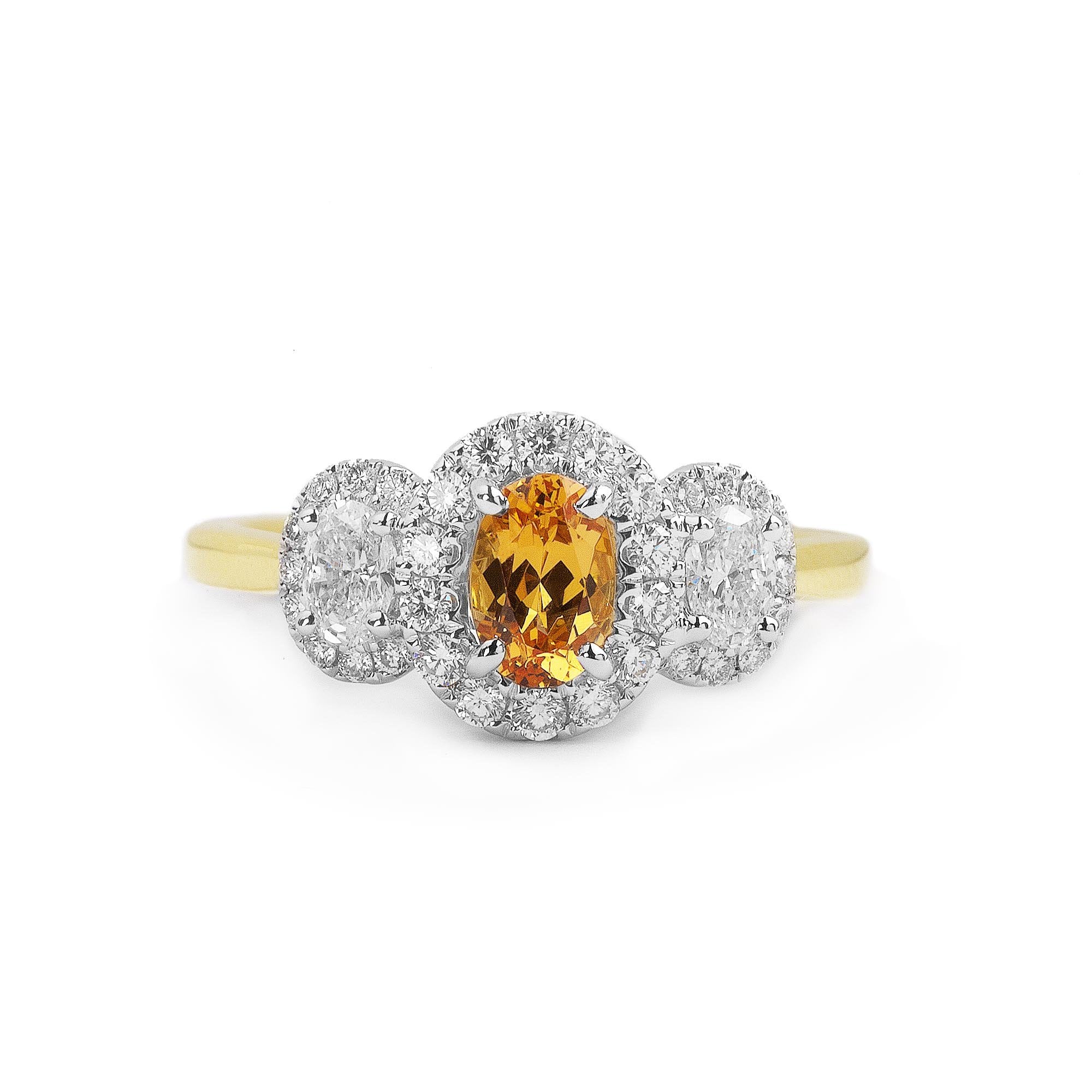 0.60ct Oval Mandarin Garnet and Natural Diamond Three Stone Halo Style Ring in 18ct Gold