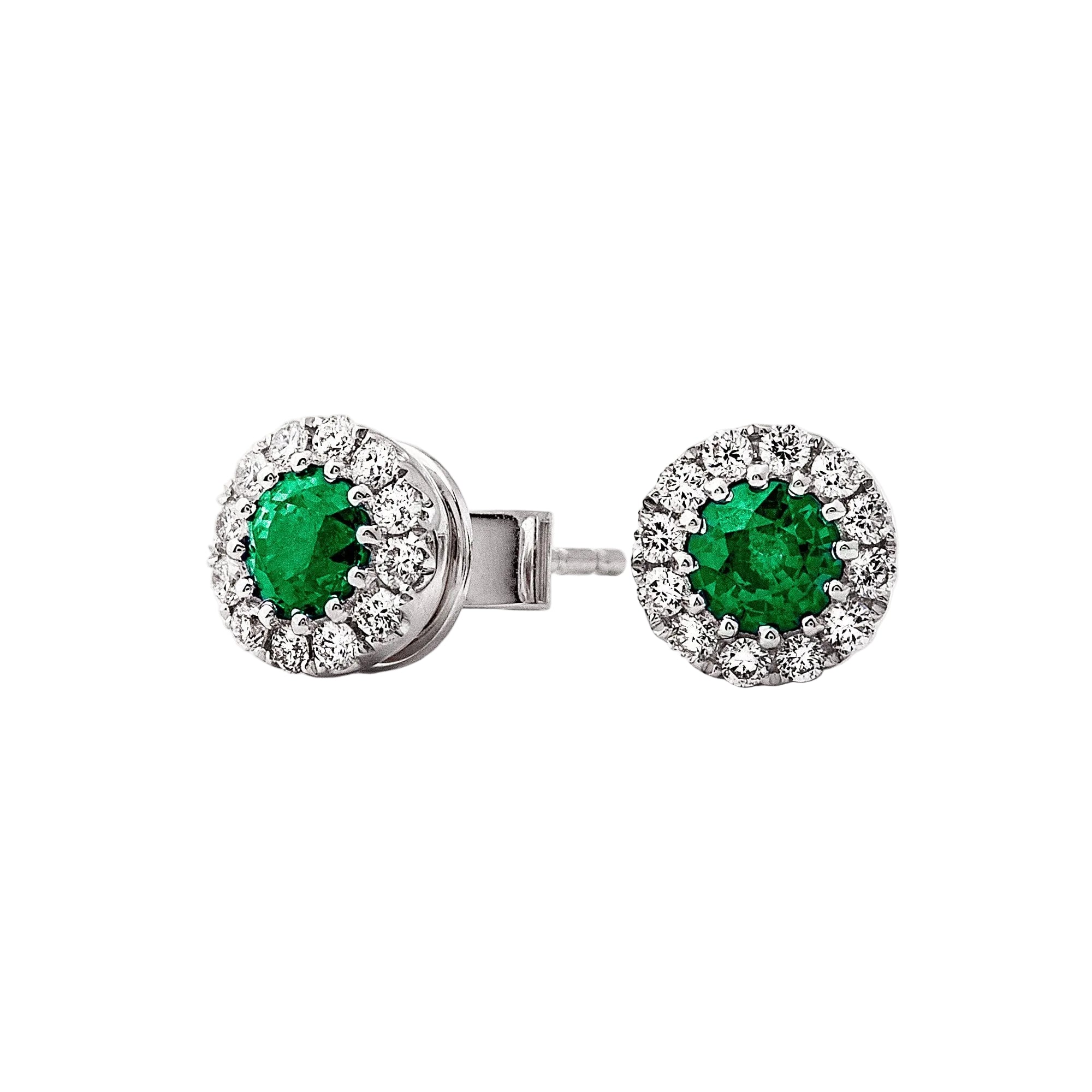 0.60ct Round Emerald & 0.28ct Natural Diamond Stud Earrings in 18ct White Gold