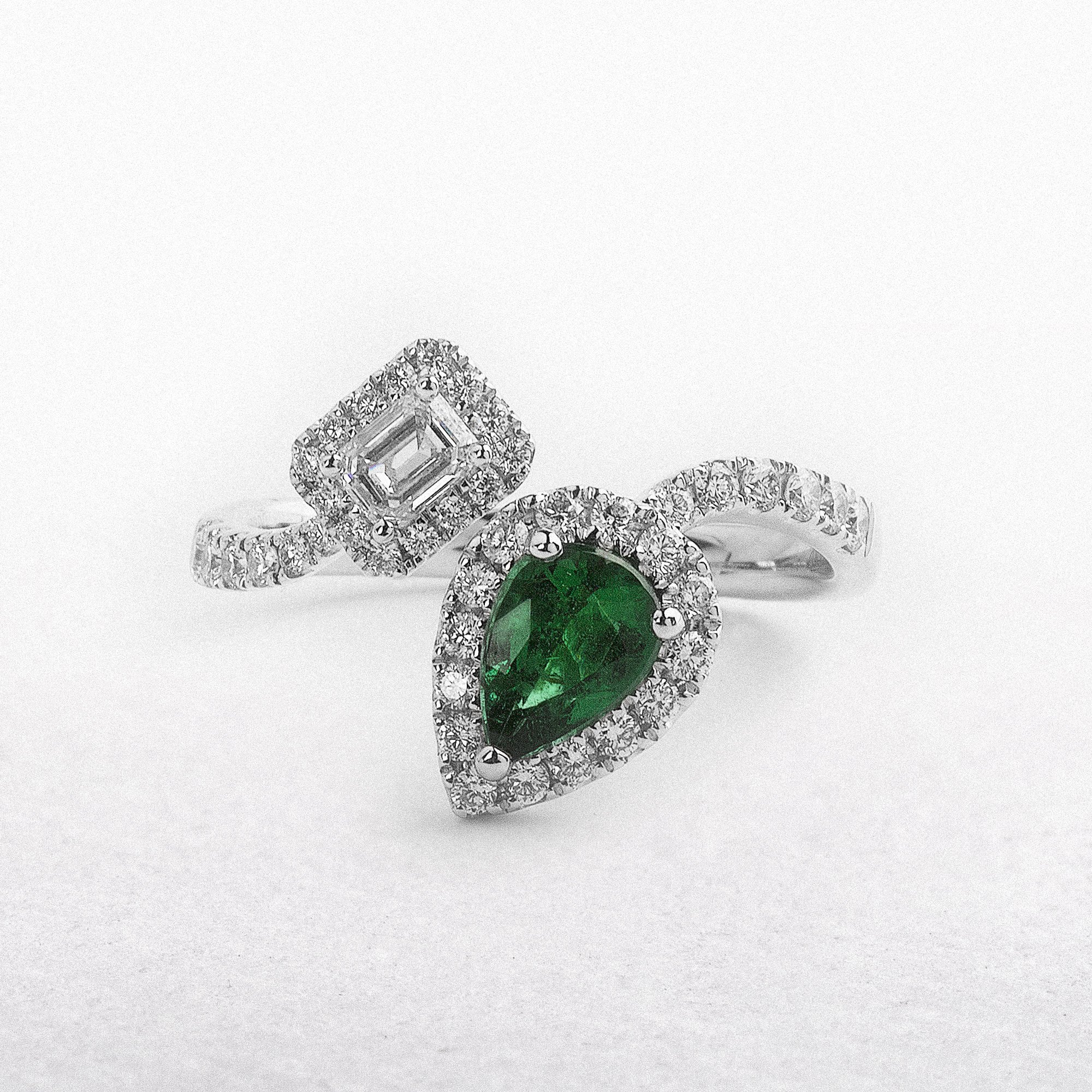 0.63ct Pear Cut Emerald and Emerald Cut Natural Diamond Moi et Toi Ring in 18ct White Gold