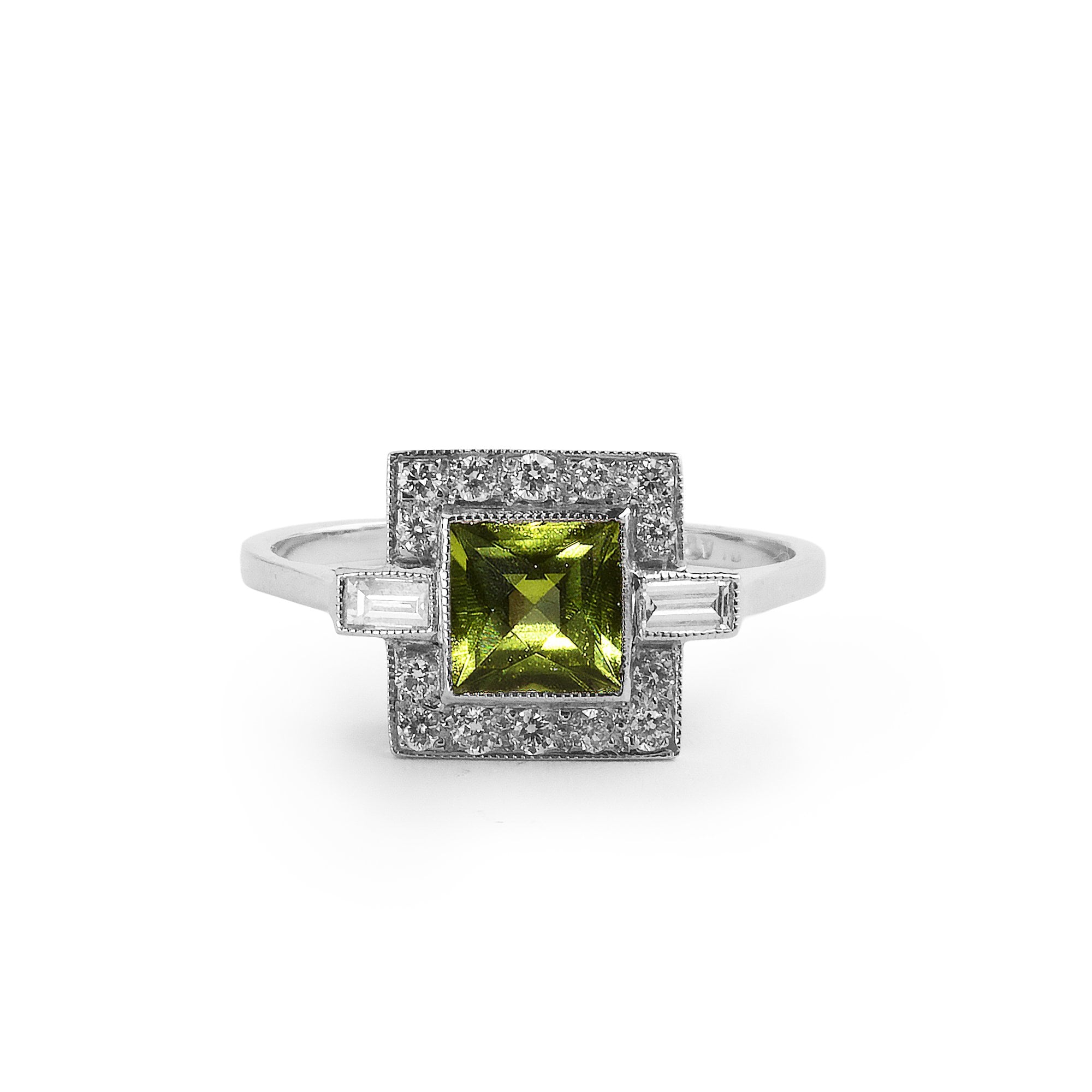 0.70ct Square Peridot & 0.30ct Natural Diamond Cluster Ring In Platinum