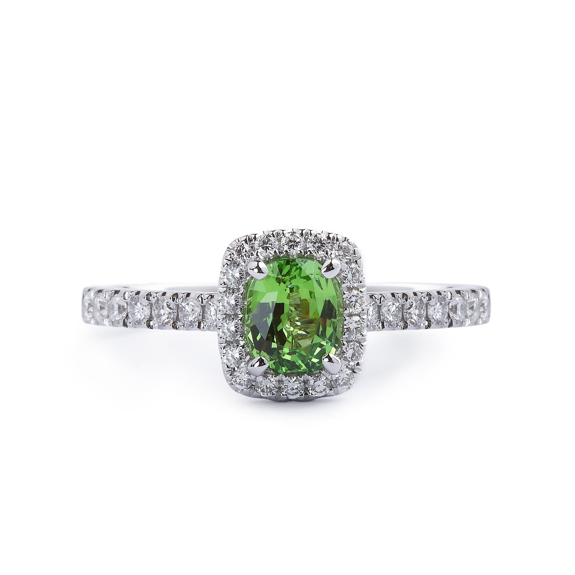 0.73ct Cushion Cut Mint Garnet With 0.34ct Natural Diamond Halo & Shoulders In 18ct White Gold