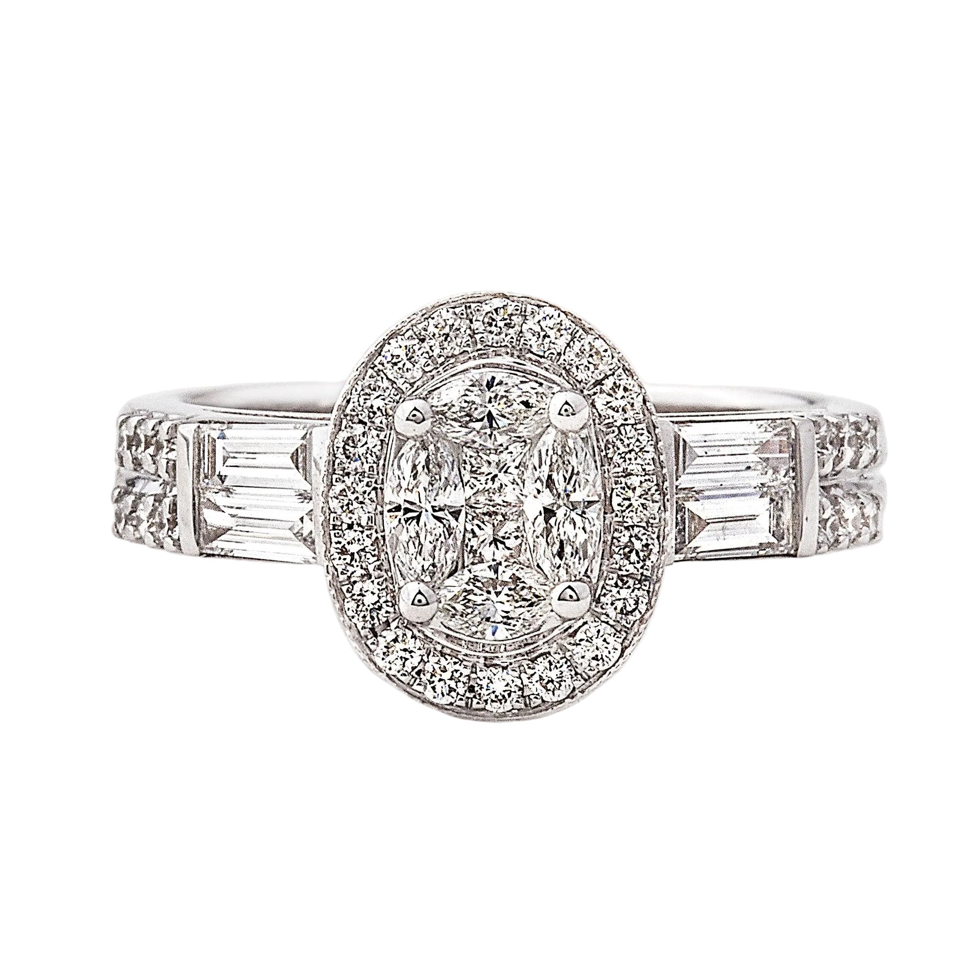 0.77ct F vs Natural Diamond Oval Shape Cluster With Baguette & Round Shoulders In 18ct White Gold