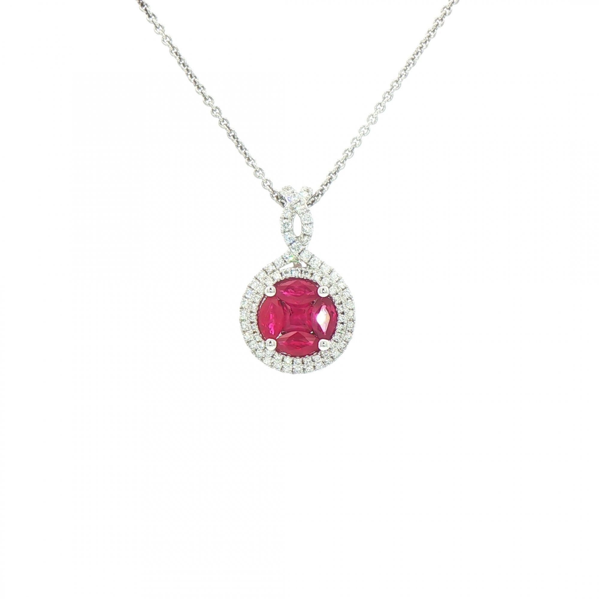 0.78ct Ruby & 0.26ct Natural Diamond Cluster Double Halo Pendant in 18ct White Gold