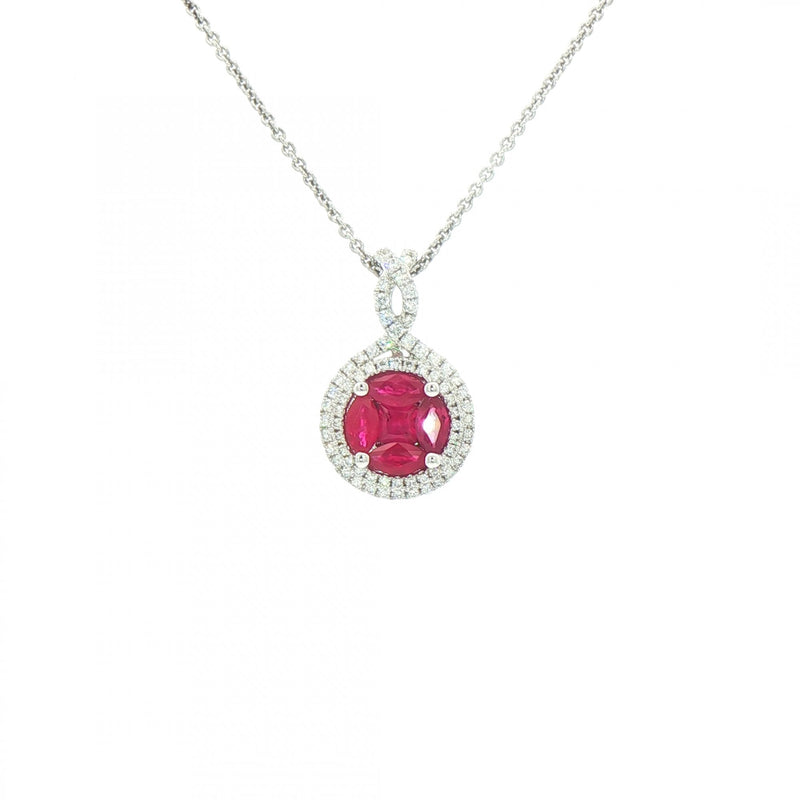 0.78ct Ruby & 0.26ct Natural Diamond Cluster Double Halo Pendant in 18ct White Gold