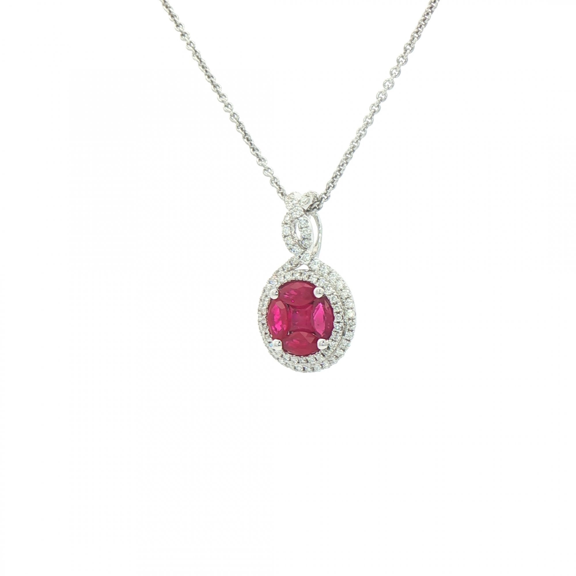 0.78ct Ruby & 0.26ct Natural Diamond Cluster Double Halo Pendant in 18ct White Gold