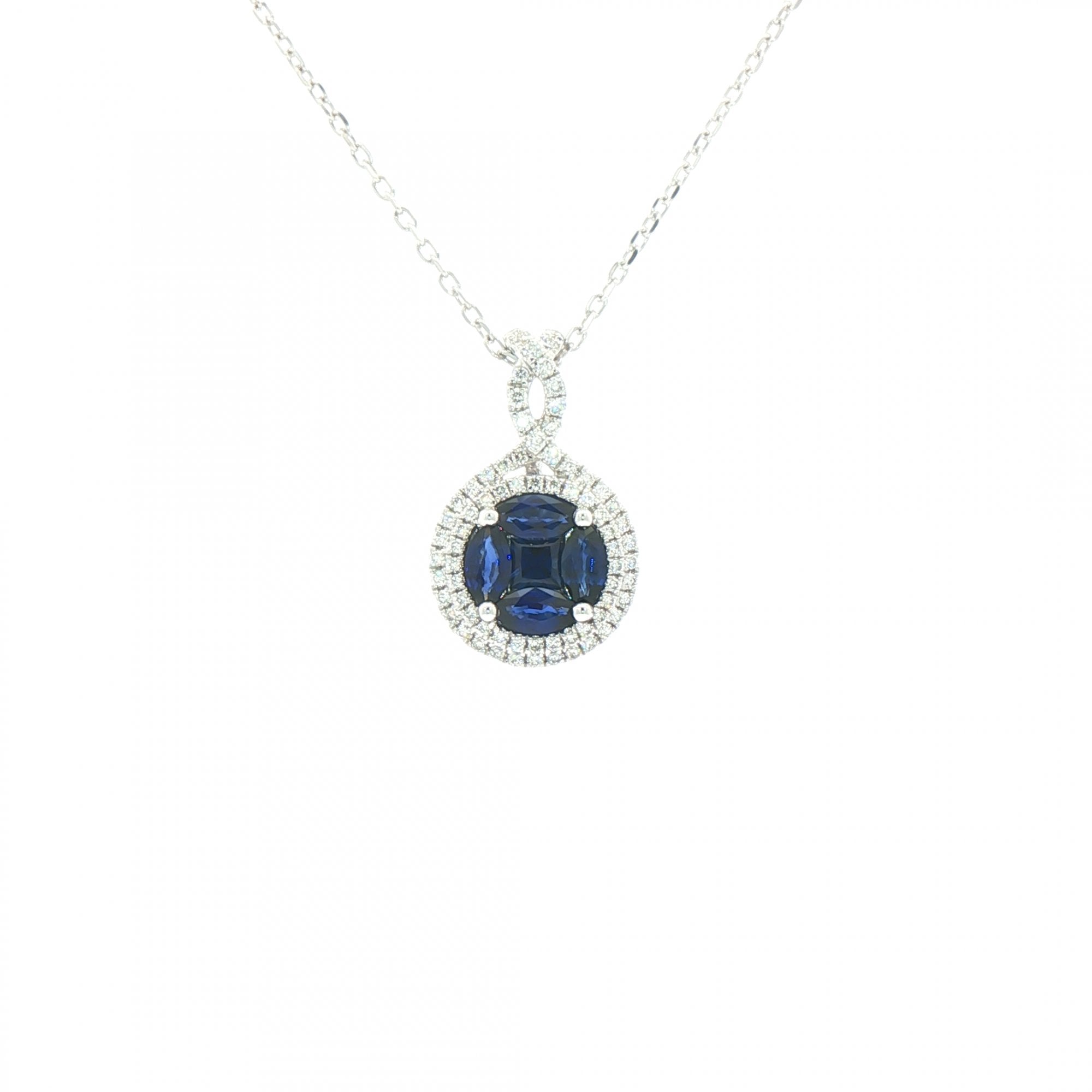 0.79ct Sapphire & 0.26ct Natural Diamond Cluster Halo Pendant in 18ct White Gold