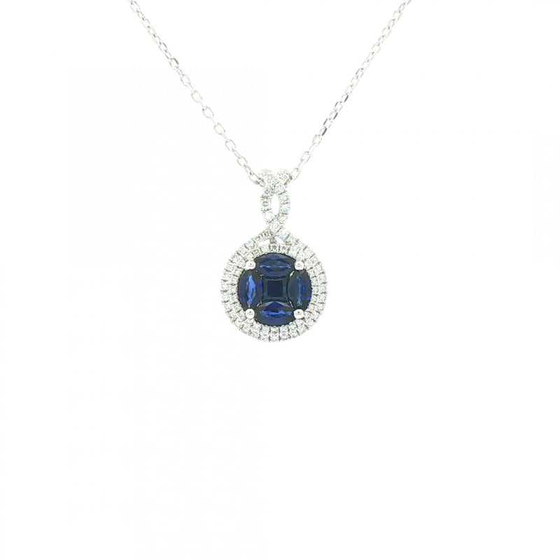 0.79ct Sapphire & 0.26ct Natural Diamond Cluster Halo Pendant in 18ct White Gold