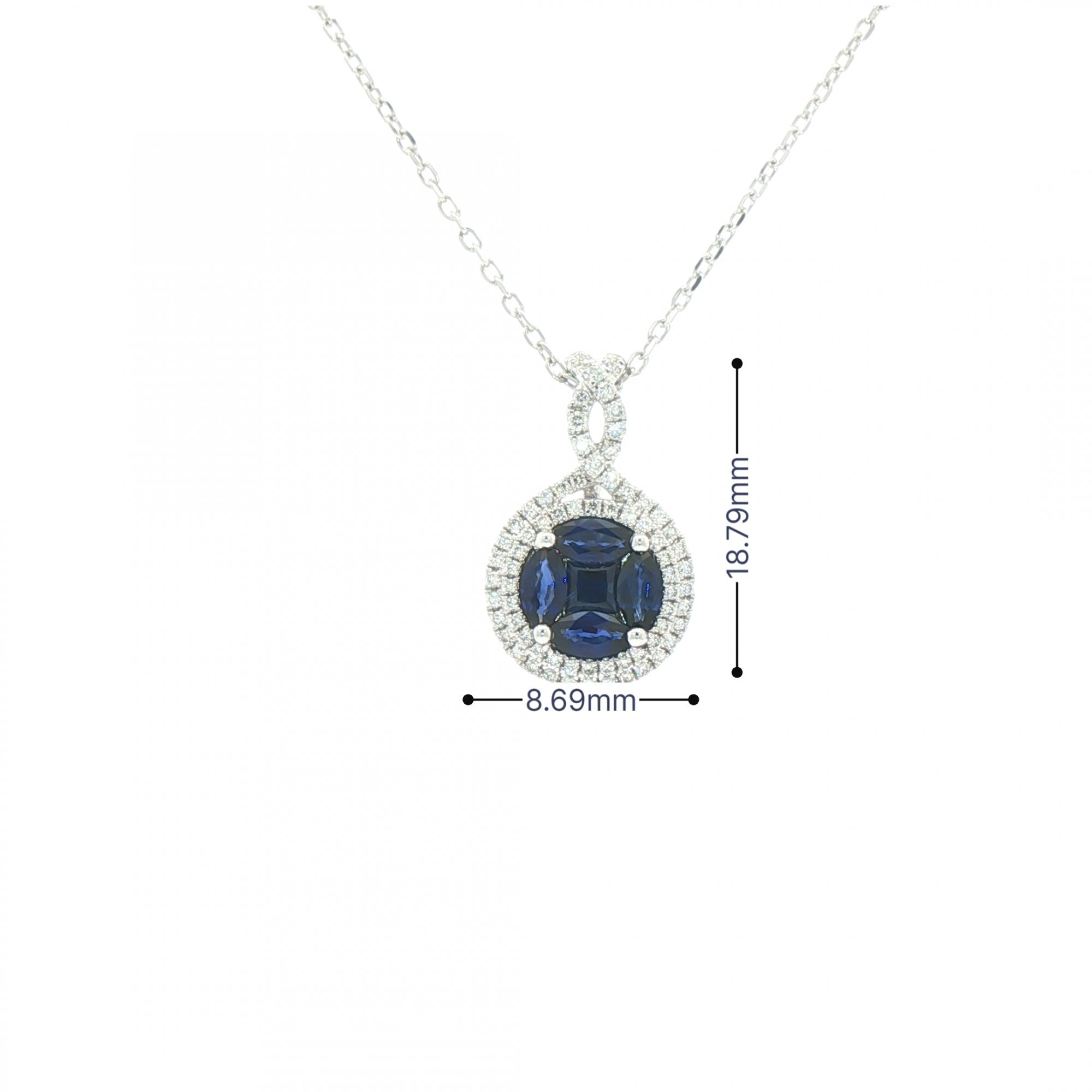 0.79ct Sapphire & 0.26ct Natural Diamond Cluster Halo Pendant in 18ct White Gold