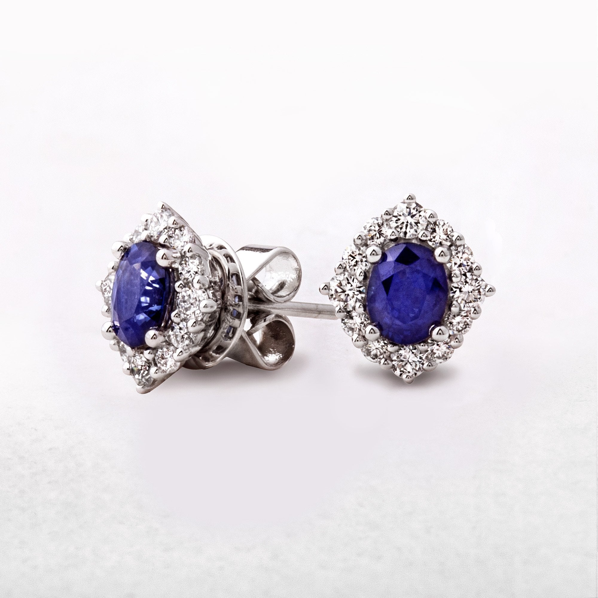 0.79ct Sapphire & 0.39ct Natural Diamond Oval Cluster Stud Earrings in 18ct White Gold