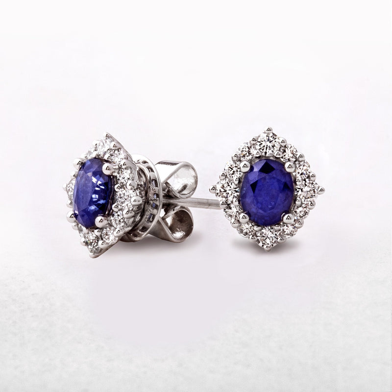 0.79ct Sapphire & 0.39ct Natural Diamond Oval Cluster Stud Earrings in 18ct White Gold