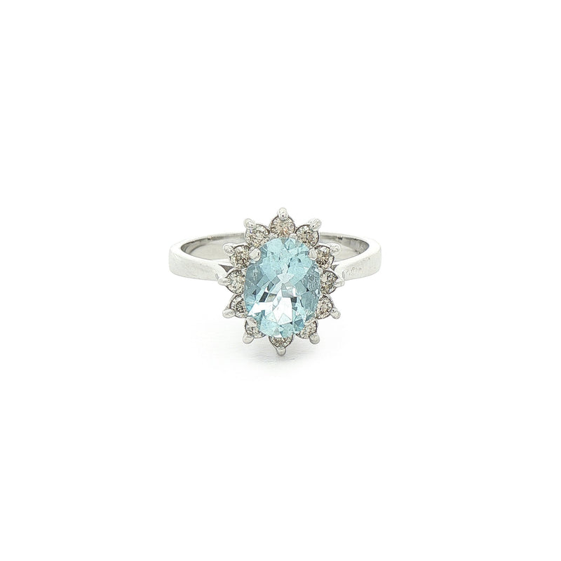 0.80ct Oval Aquamarine & 0.30ct Natural Diamond Cluster Ring in 18ct White Gold