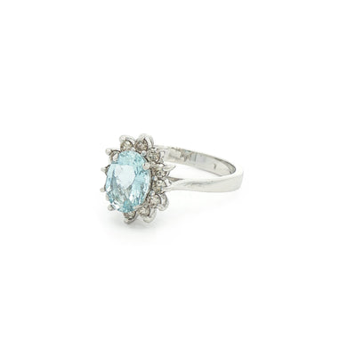 0.80ct Oval Aquamarine & 0.30ct Natural Diamond Cluster Ring in 18ct White Gold