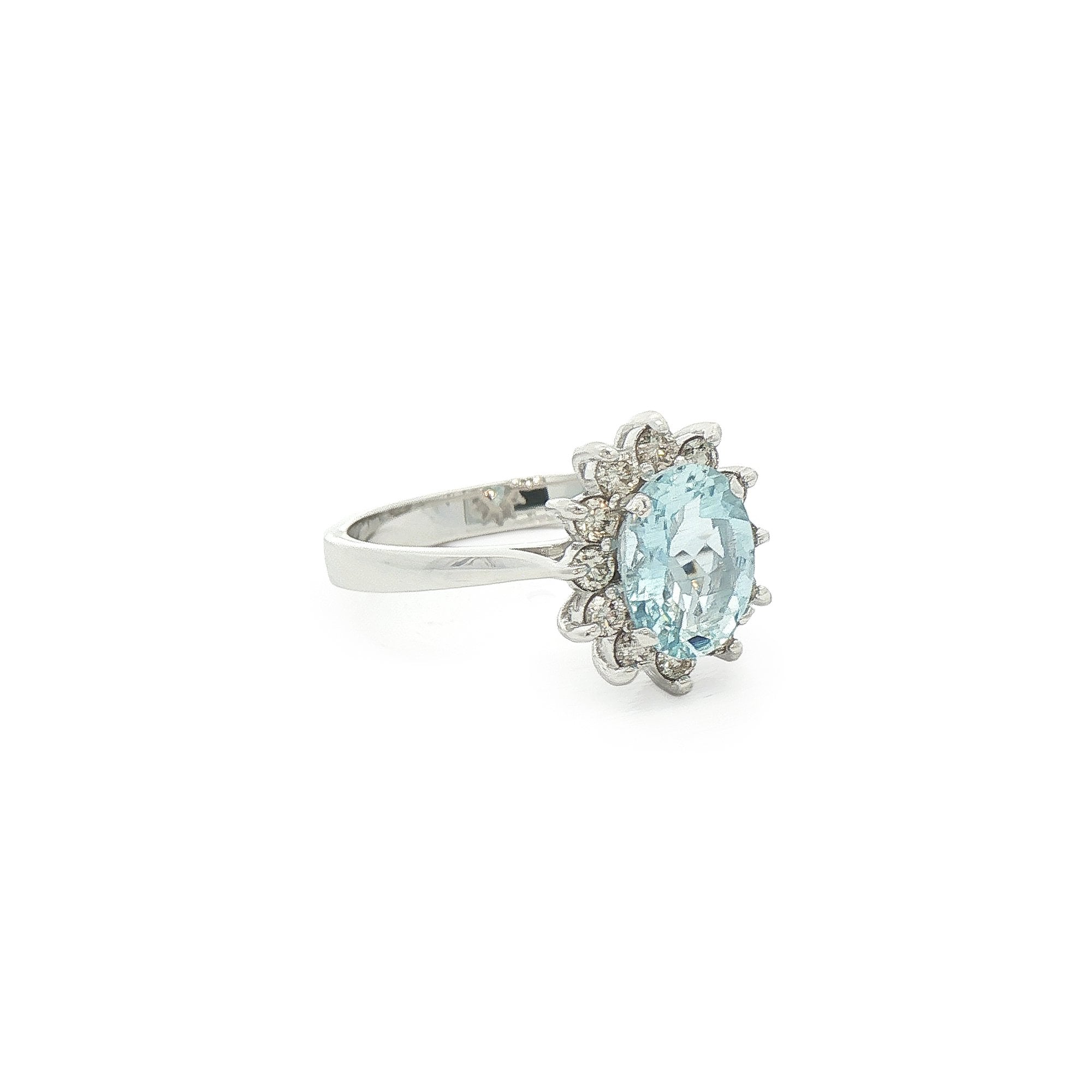 0.80ct Oval Aquamarine & 0.30ct Natural Diamond Cluster Ring in 18ct White Gold