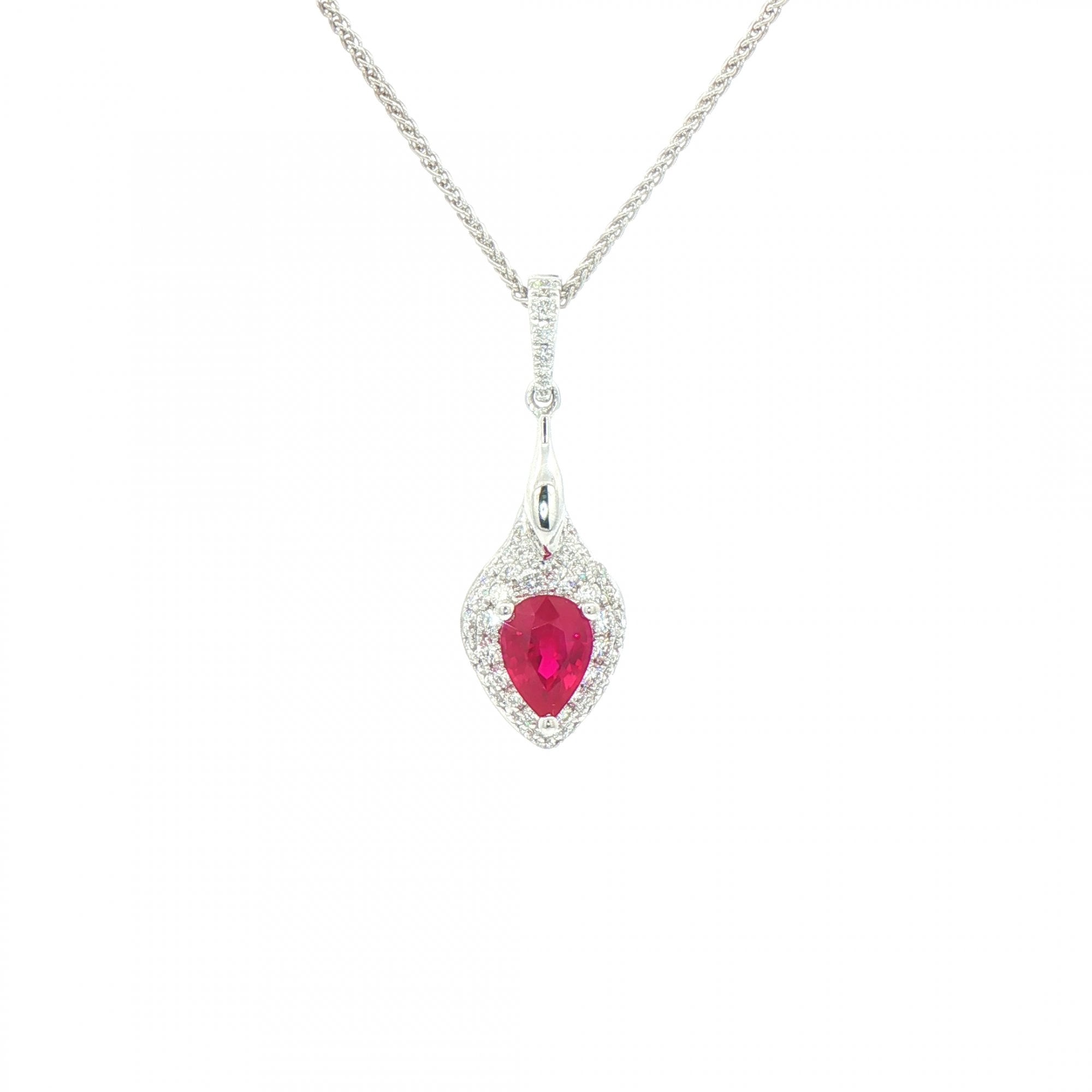0.80ct Ruby & 0.39ct Natural Diamond Pear Drop Pendant in 18ct White Gold