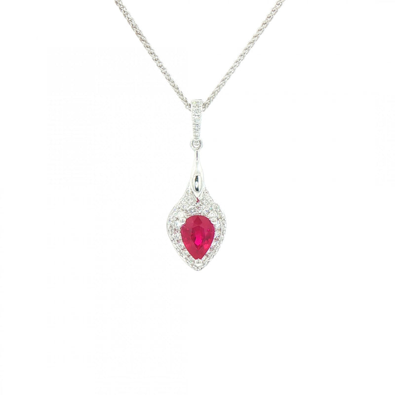 0.80ct Ruby & 0.39ct Natural Diamond Pear Drop Pendant in 18ct White Gold