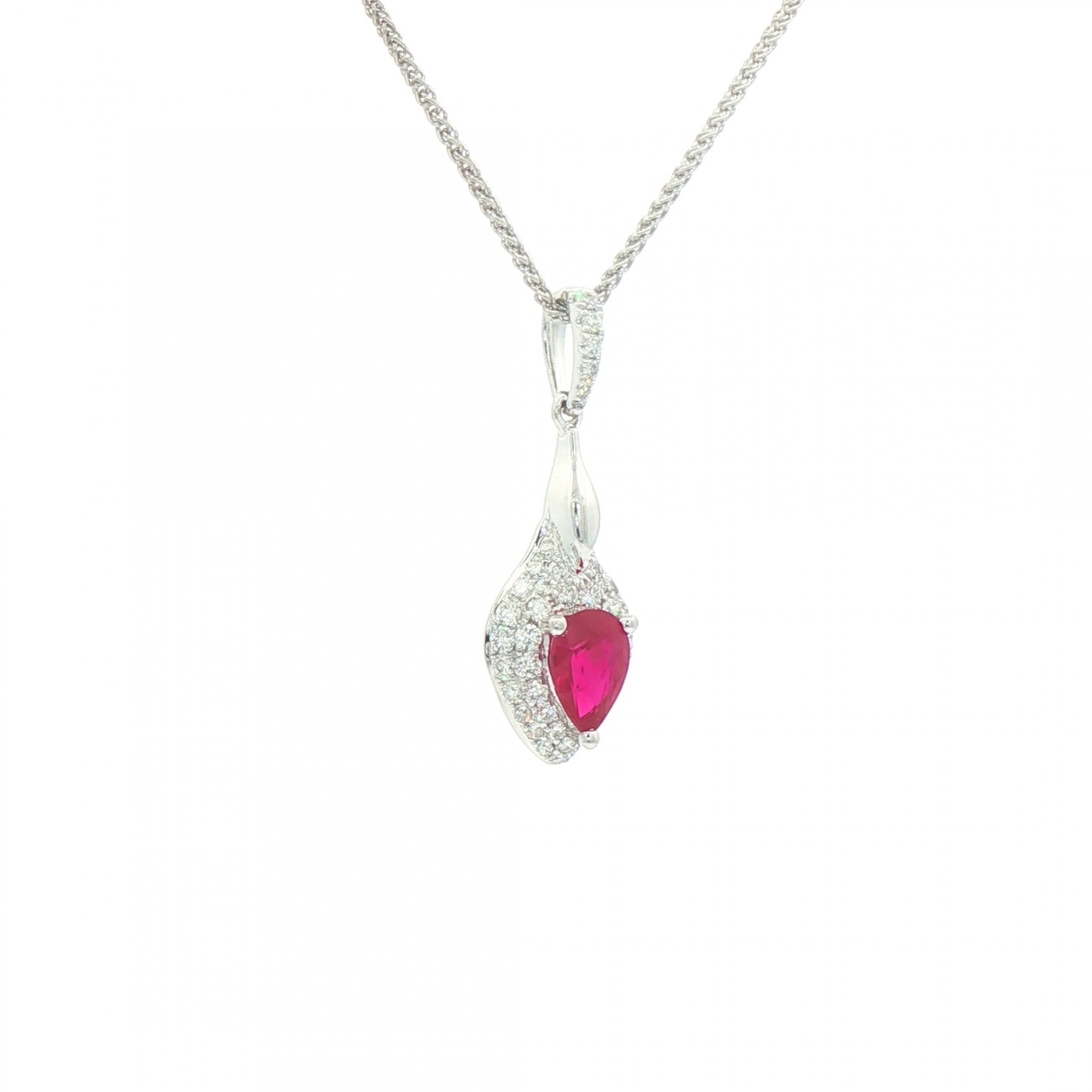 0.80ct Ruby & 0.39ct Natural Diamond Pear Drop Pendant in 18ct White Gold