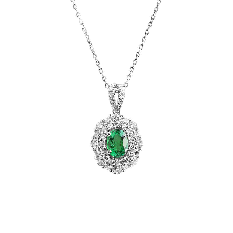 0.81ct Emerald & 0.98ct Natural Diamond Double Halo Pendant in 18ct White Gold
