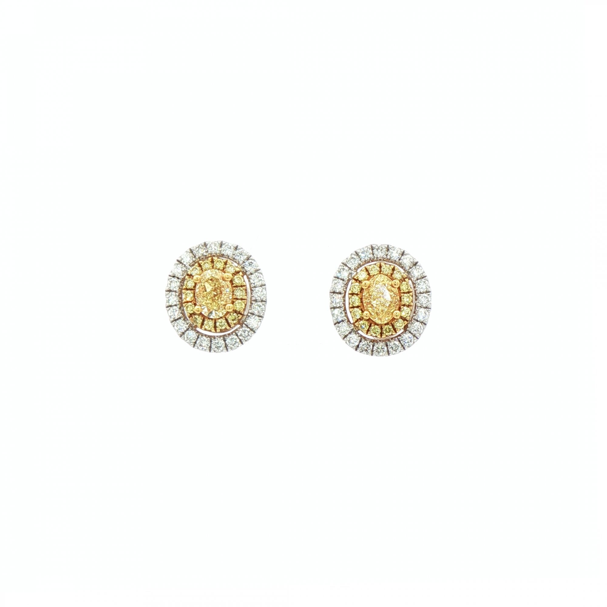 0.84ct Oval Yellow Diamond & 0.35ct Natural Diamond Double Halo Cluster Earrings 18ct White Gold