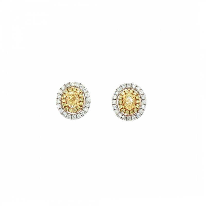 0.84ct Oval Yellow Diamond & 0.35ct Natural Diamond Double Halo Cluster Earrings 18ct White Gold