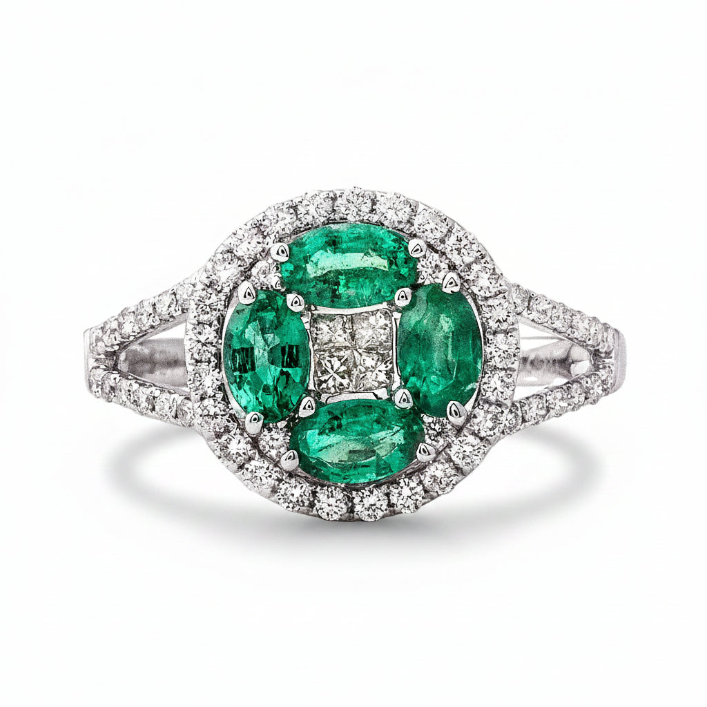0.85ct Emerald & 0.56ct Natural Diamond Cluster with Split Shoulders Dress Ring in 18ct White Gold