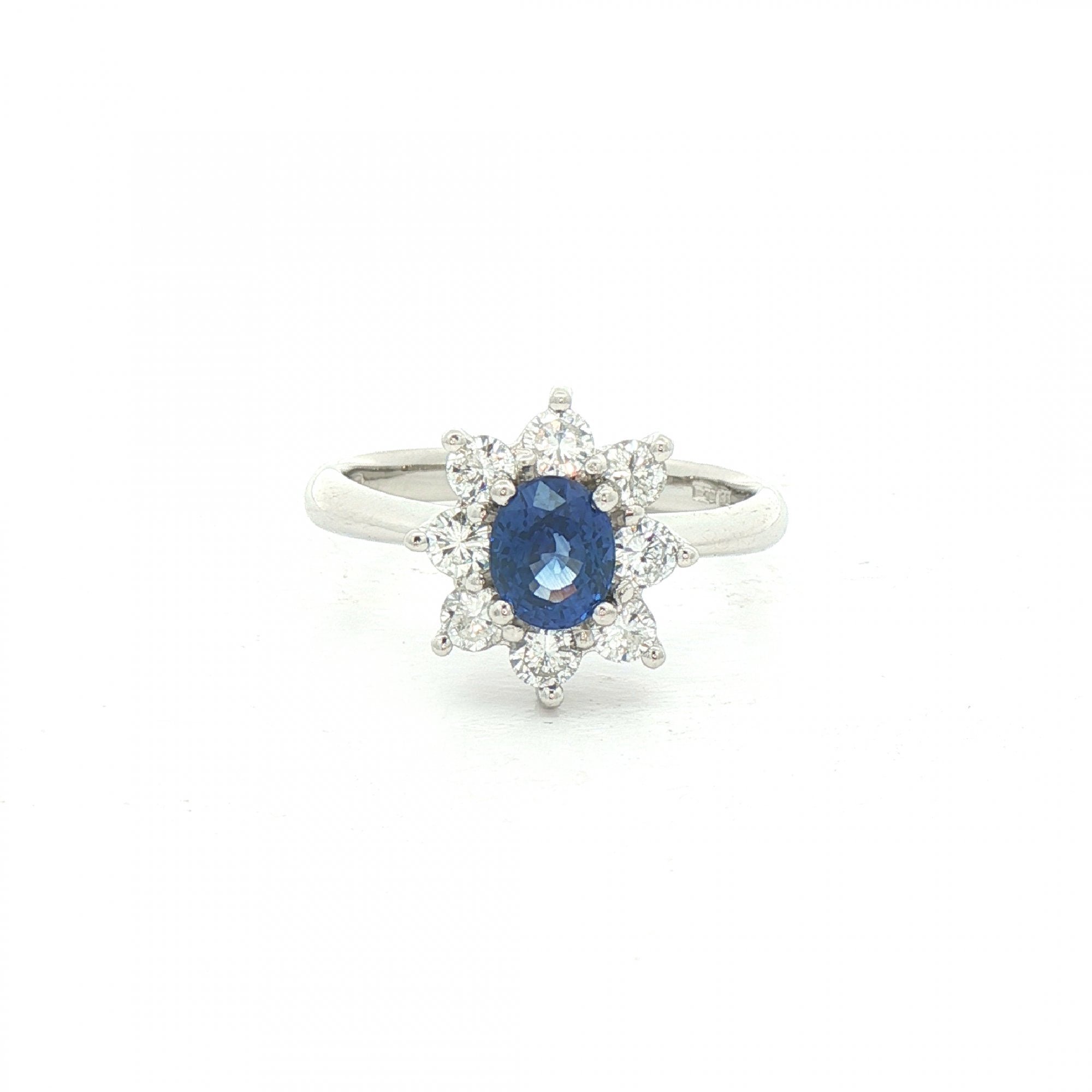0.85ct Oval Sapphire & 0.56ct Natural Diamond Halo Cluster Ring in Platinum