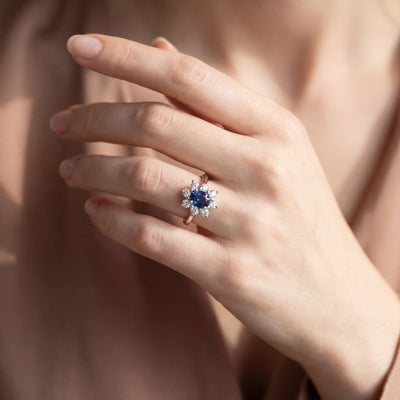 0.85ct Oval Sapphire & 0.56ct Natural Diamond Halo Cluster Ring in Platinum