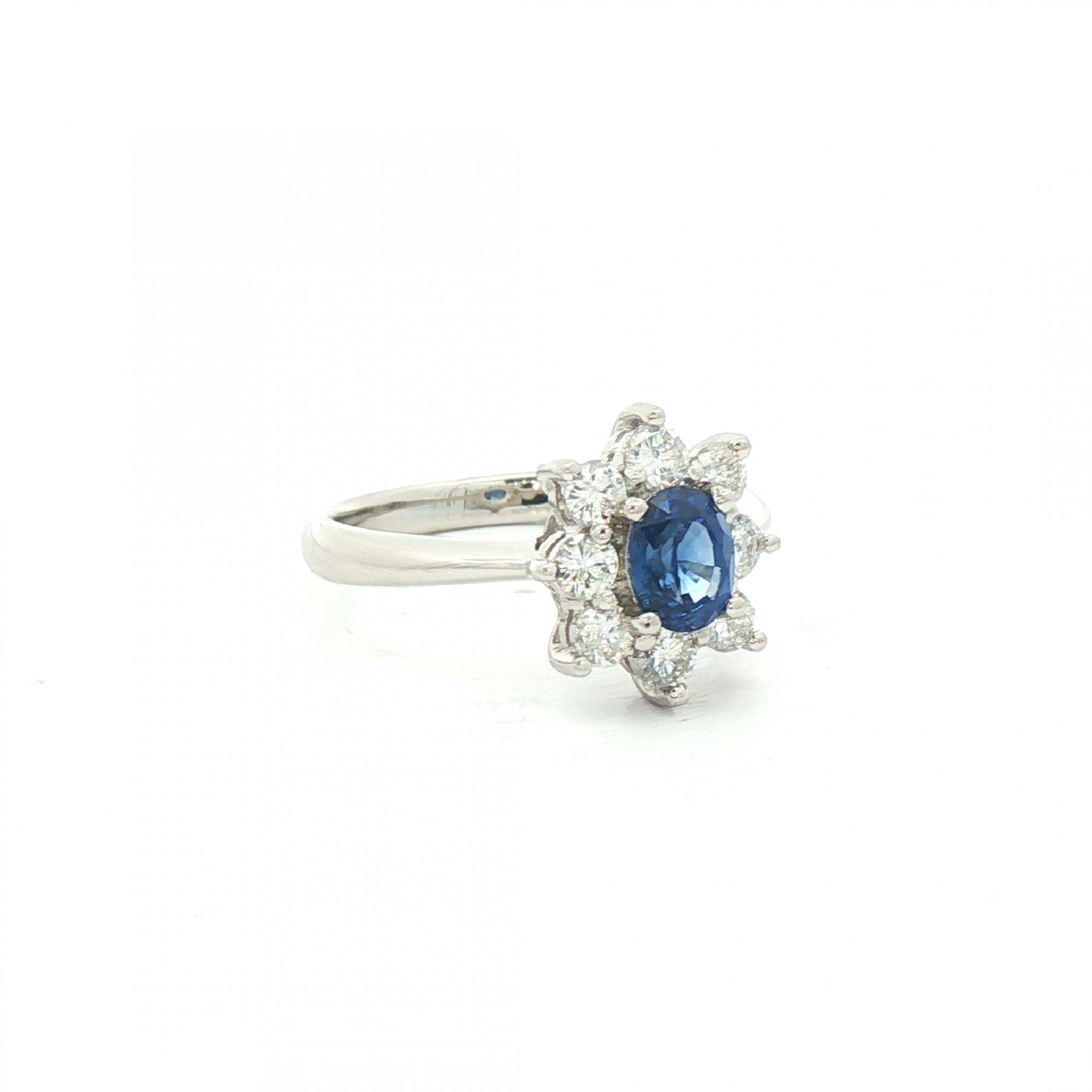 0.85ct Oval Sapphire & 0.56ct Natural Diamond Halo Cluster Ring in Platinum
