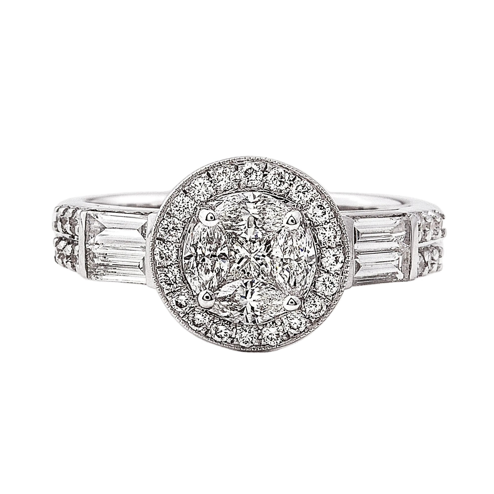 0.86ct F vs Natural Diamond Cluster Halo Ring Wth Baguette & Round Shoulders in 18ct White Gold