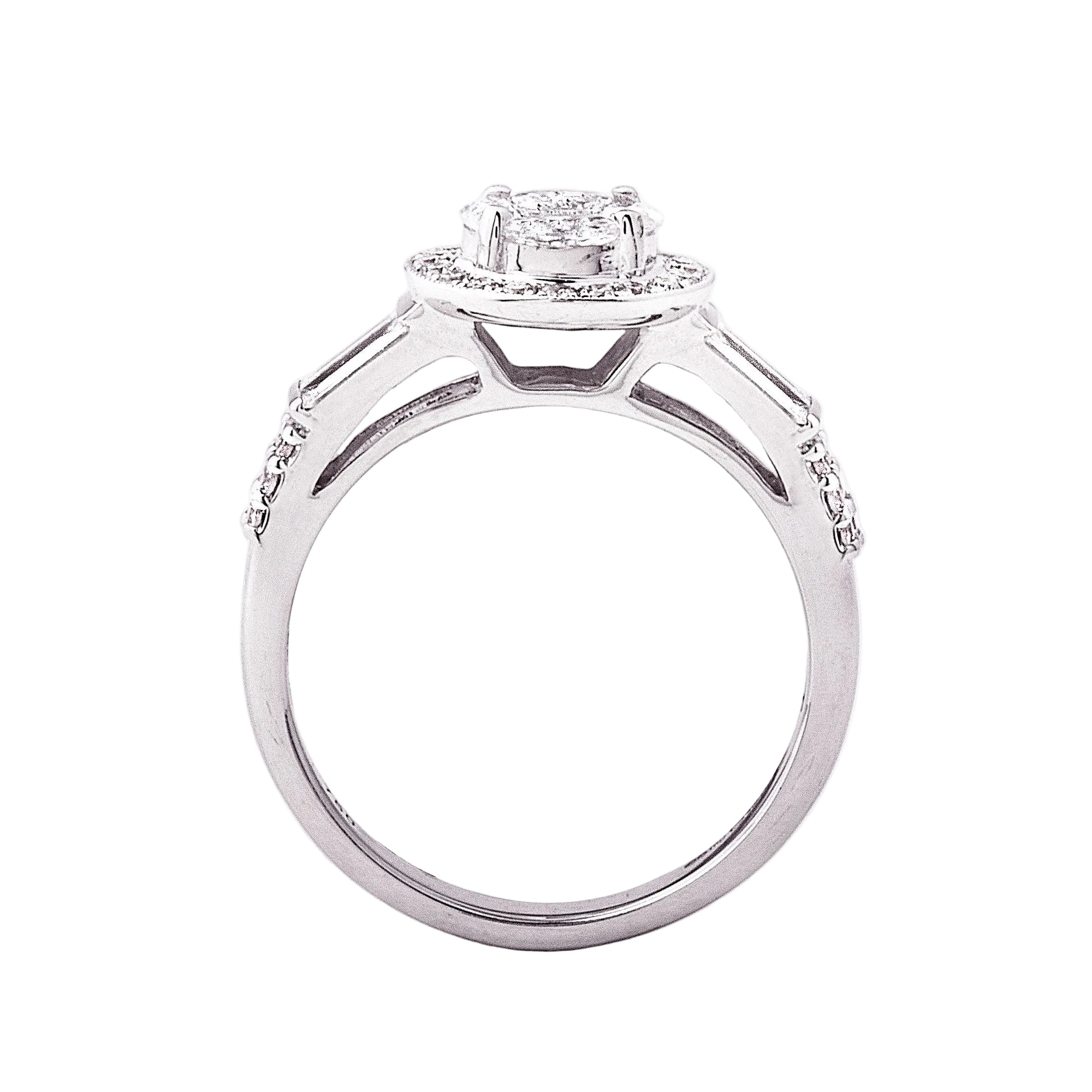 0.86ct F vs Natural Diamond Cluster Halo Ring Wth Baguette & Round Shoulders in 18ct White Gold