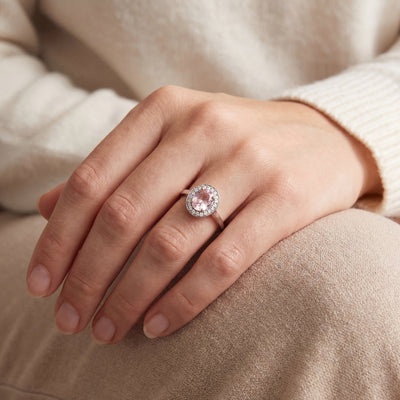 0.86ct Morganite & 0.15ct Natural Diamond Halo Ring in Platinum
